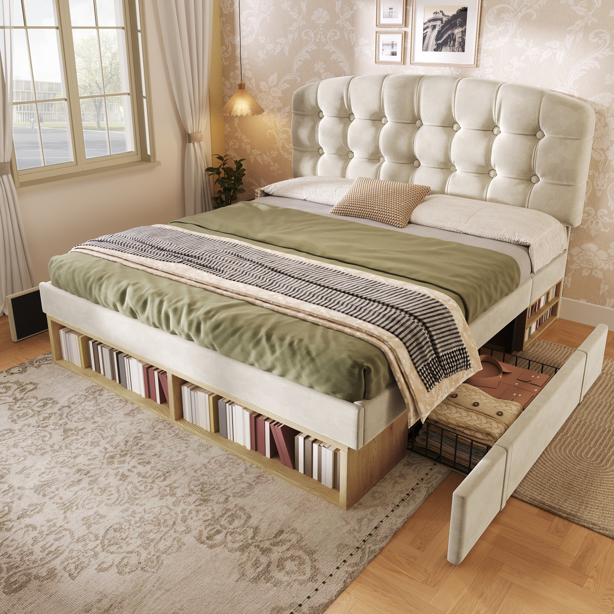 sänky 140x200 cm säädettävä käyräkärkinen päätylevy sametti beige puu ja metalli
