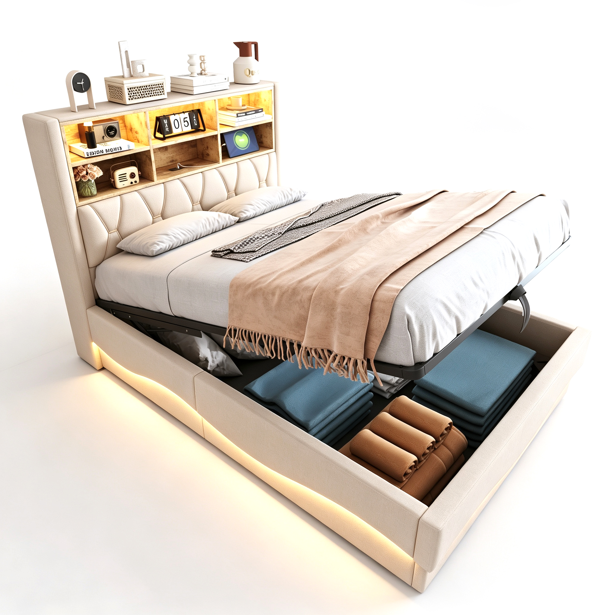 sänky 140x200 cm LED-valaistus säilytystila hydraulinen nosto beige metalli