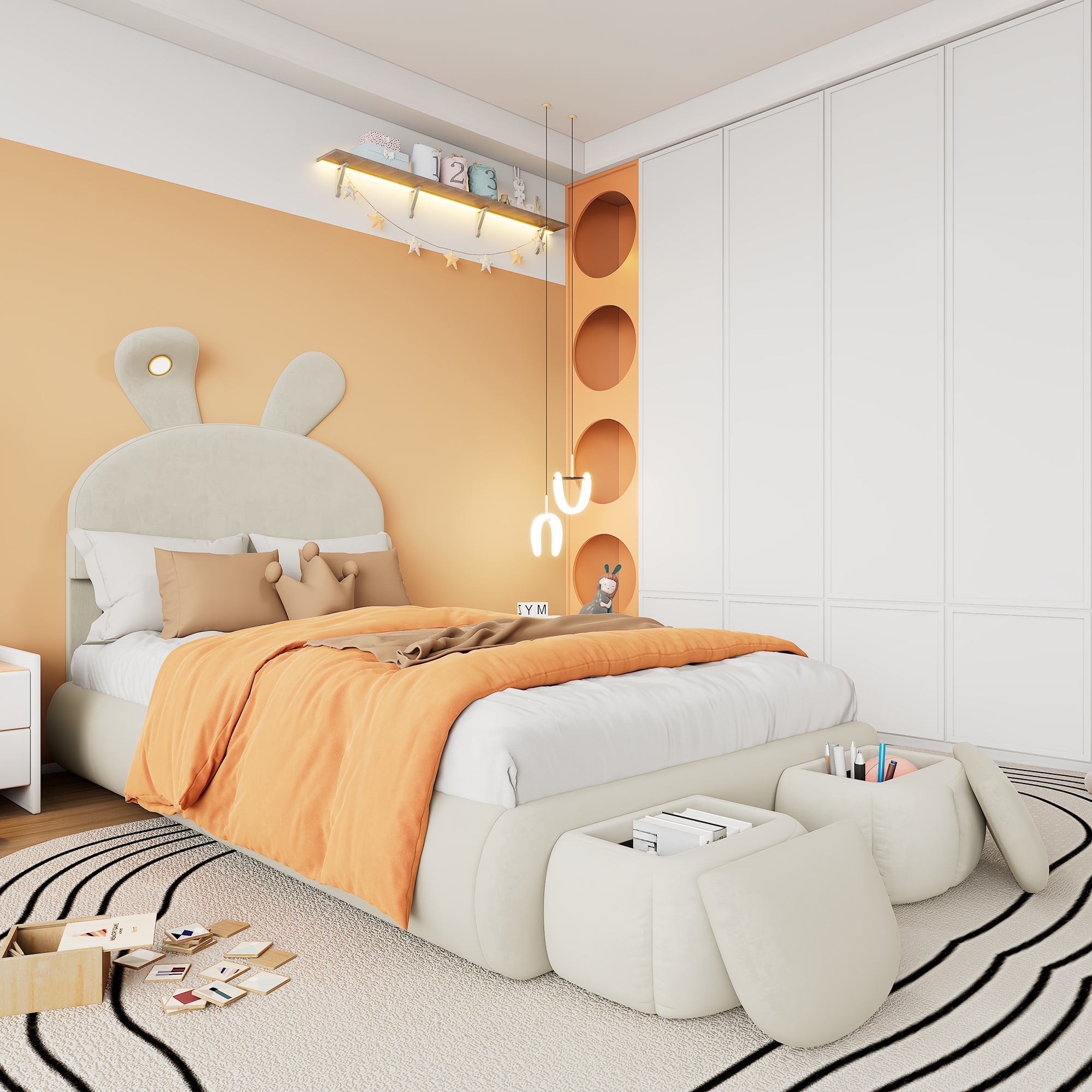 Verhoiltu Sänky 90 x 200 cm, Beige Sametti, 2 Säilytysjakkaraa
