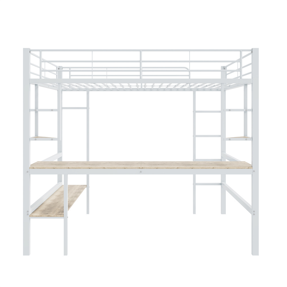 Parvisänky 90 x 200 cm, Valkoinen Metalli + MDF, Työpöytä + 4 Pientä Hyllyä + Kirjahylly