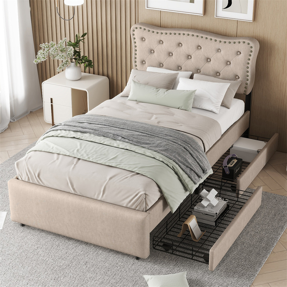 Verhoiltu Sänky 90 x 200 cm, Tummanbeige Pellava + MDF, Yöpöytä + Koristenastat + 2 Laatikkoa