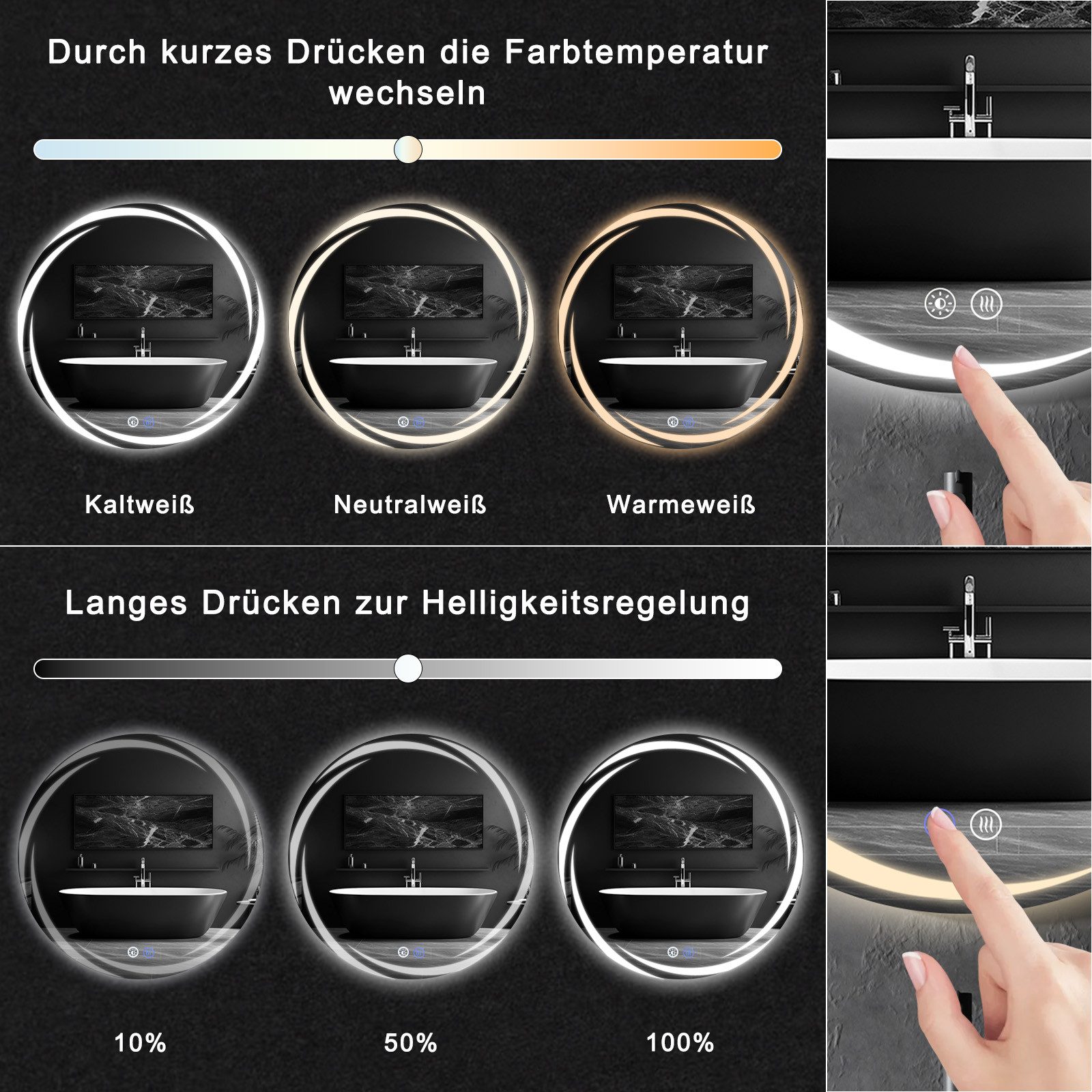 NETTLIFE Kylpyhuoneen peili valaistuksella, LED - pyöreä kylpyhuoneen peili, 70 cm IP44 pyöreä kylpyhuoneen peili kosketustoiminnolla