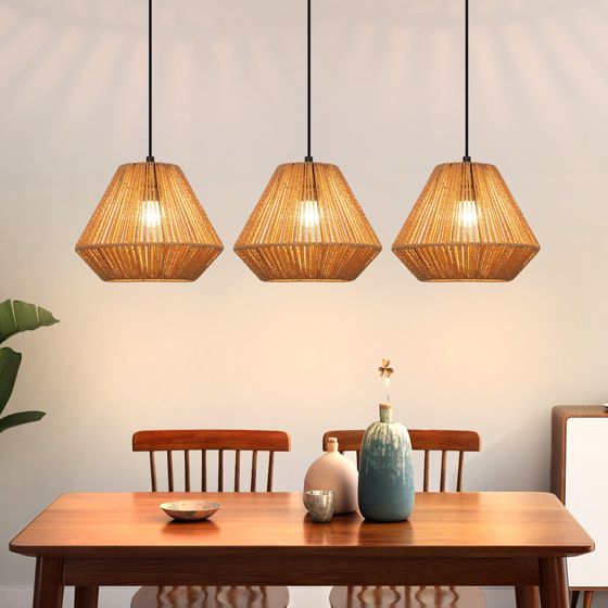 NETTLIFE 3 hehkulamppua rottinkirippuvalaisin vintage punottu heinäkorsi E27 boho säädettävä korkeus makuuhuone olohuone (lamppu ei mukana)