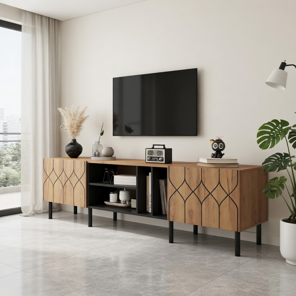 TV-taso säilytyksellä 180x40x50 cm luonnonpuun väri ja musta lastulevy ja MDF
