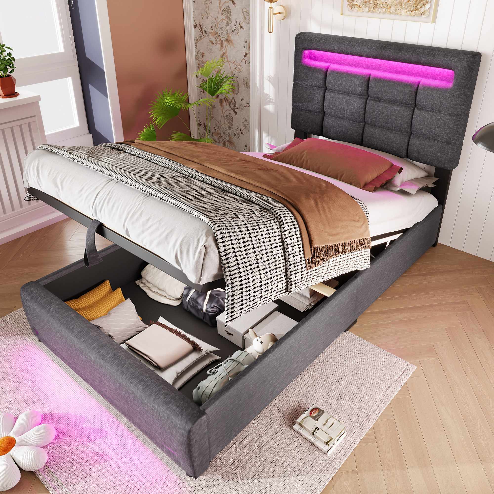 Verhoiltu sänky 90 x 200 cm, yhden hengen sänky LED-valoilla ja hydraulisella jousituksella, pellava, harmaa