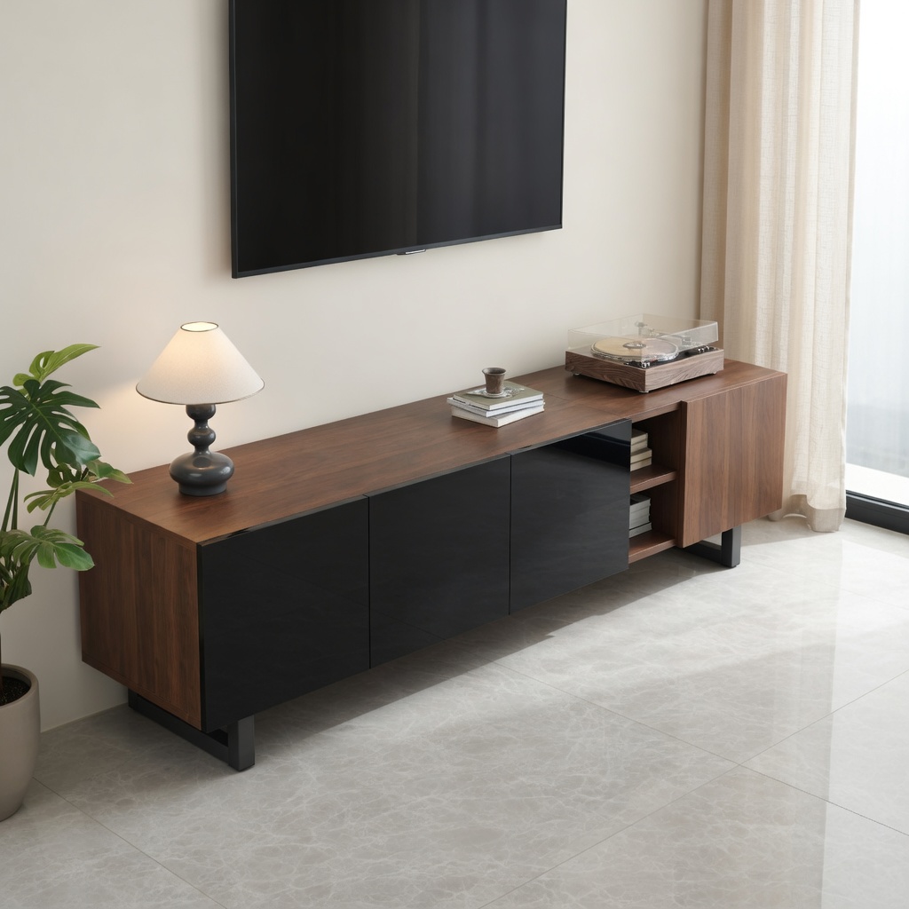 TV-taso 180x38x50 cm musta ja luonnonväriinen MDF säilytyksellä ja liukuovilla