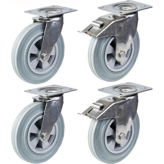 200mm 8" ruostumattomasta teräksestä valmistettu harmaa kumirooli, kääntyvä ja jarru, 820kg, 4 kpl:n sarja.