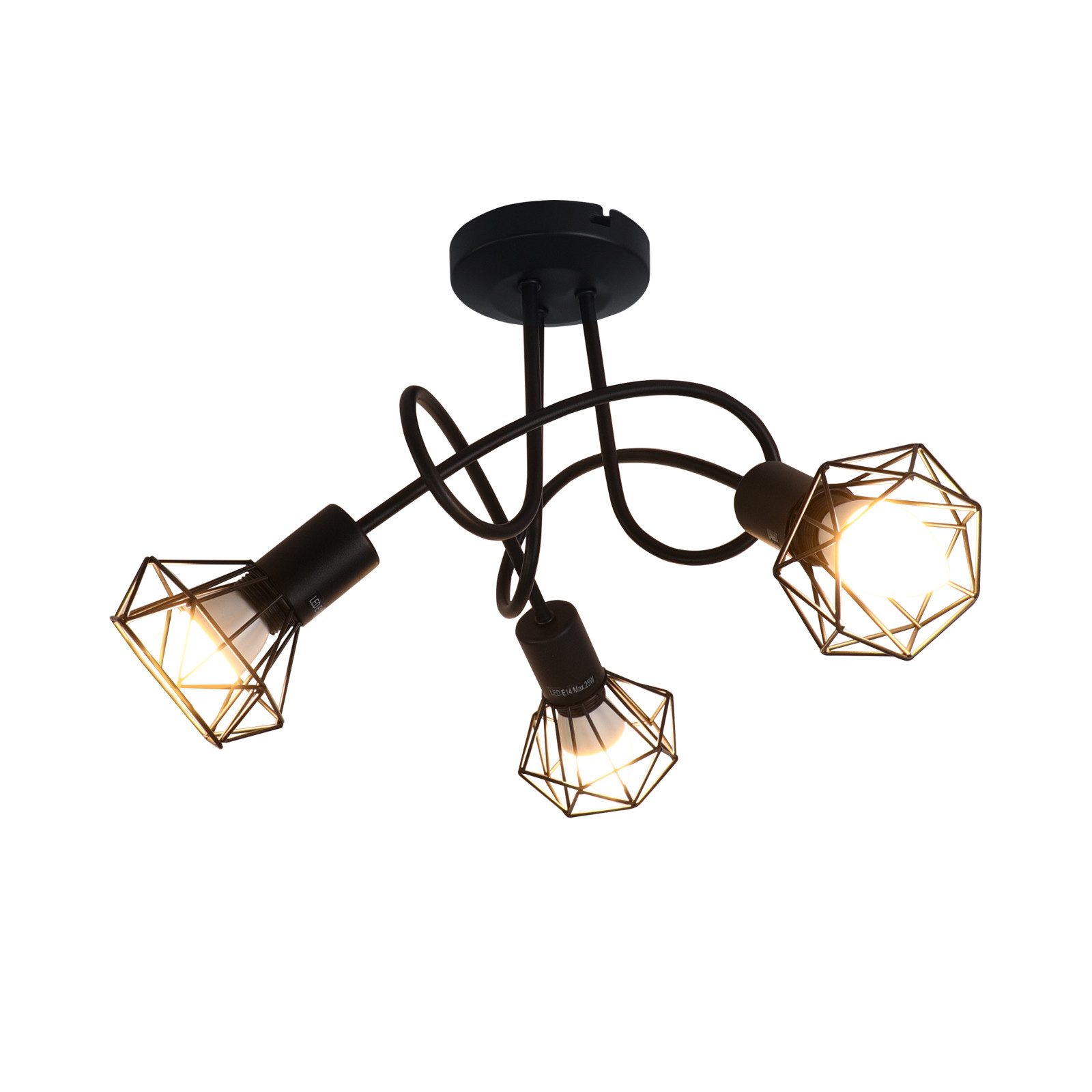 NETTLIFE LED-kattospottivalaisin, 3 lamppua, musta, vintage-tyylinen, säädettävä, 350°, teollisuuskäyttöön, E14