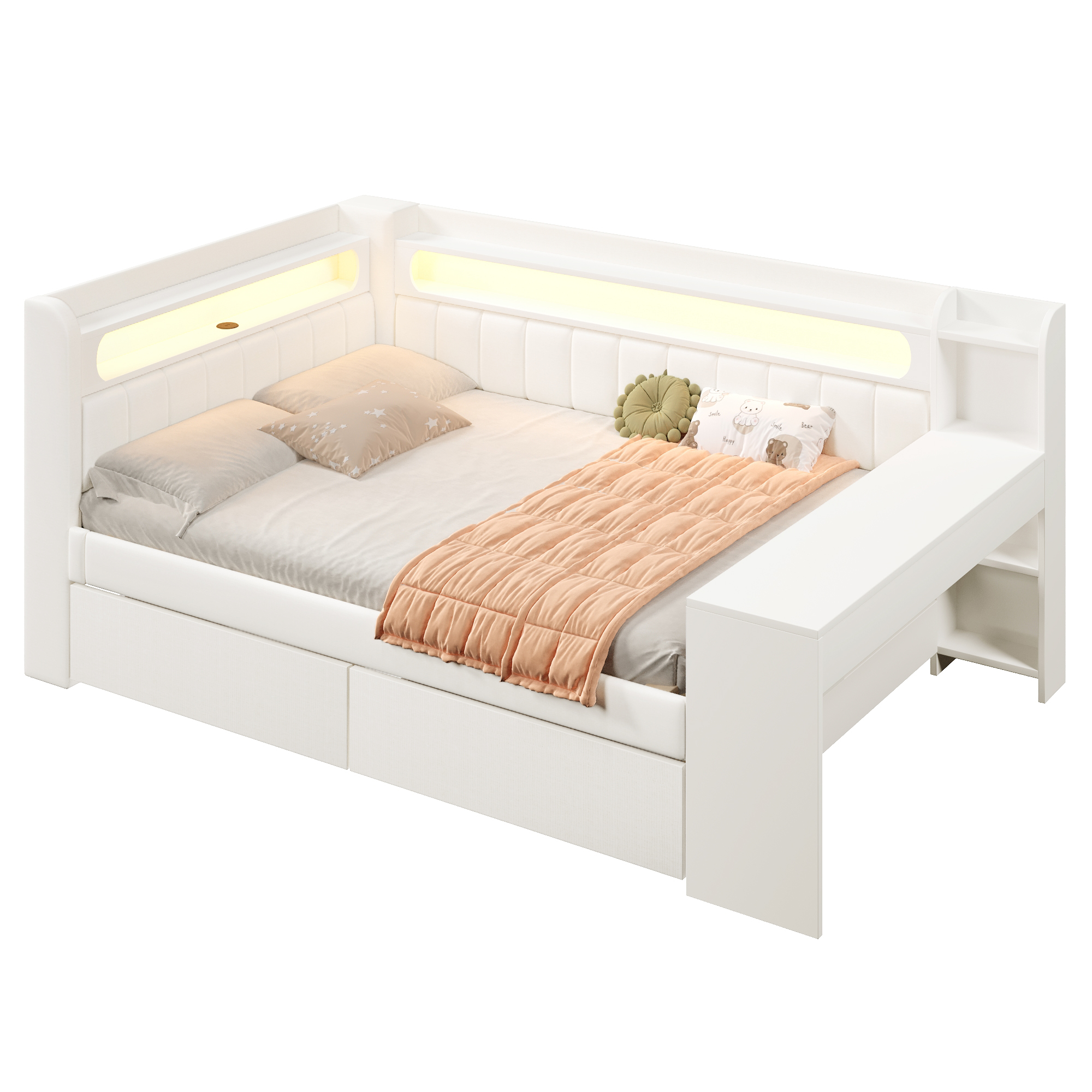 sänky 140x200 cm LED-valaistus ja USB-liitännät valkoinen MDF ja vaneri