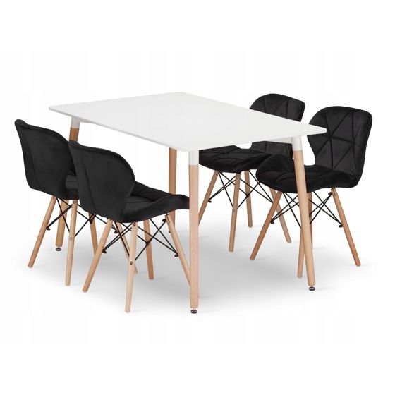 ADRIA suorakulmainen pöytä 120x80 valkoinen, 4 LAGO-tuolia musta