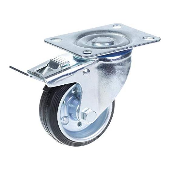 80 mm:n kääntyvä/jarrullinen kääntöpyörä, jossa on musta kumi puristetun teräksen keskipyörällä.