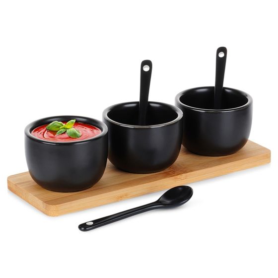 Välipalakulhot lusikoilla, keraamiset, mustat, 90 ml, 7 kpl.