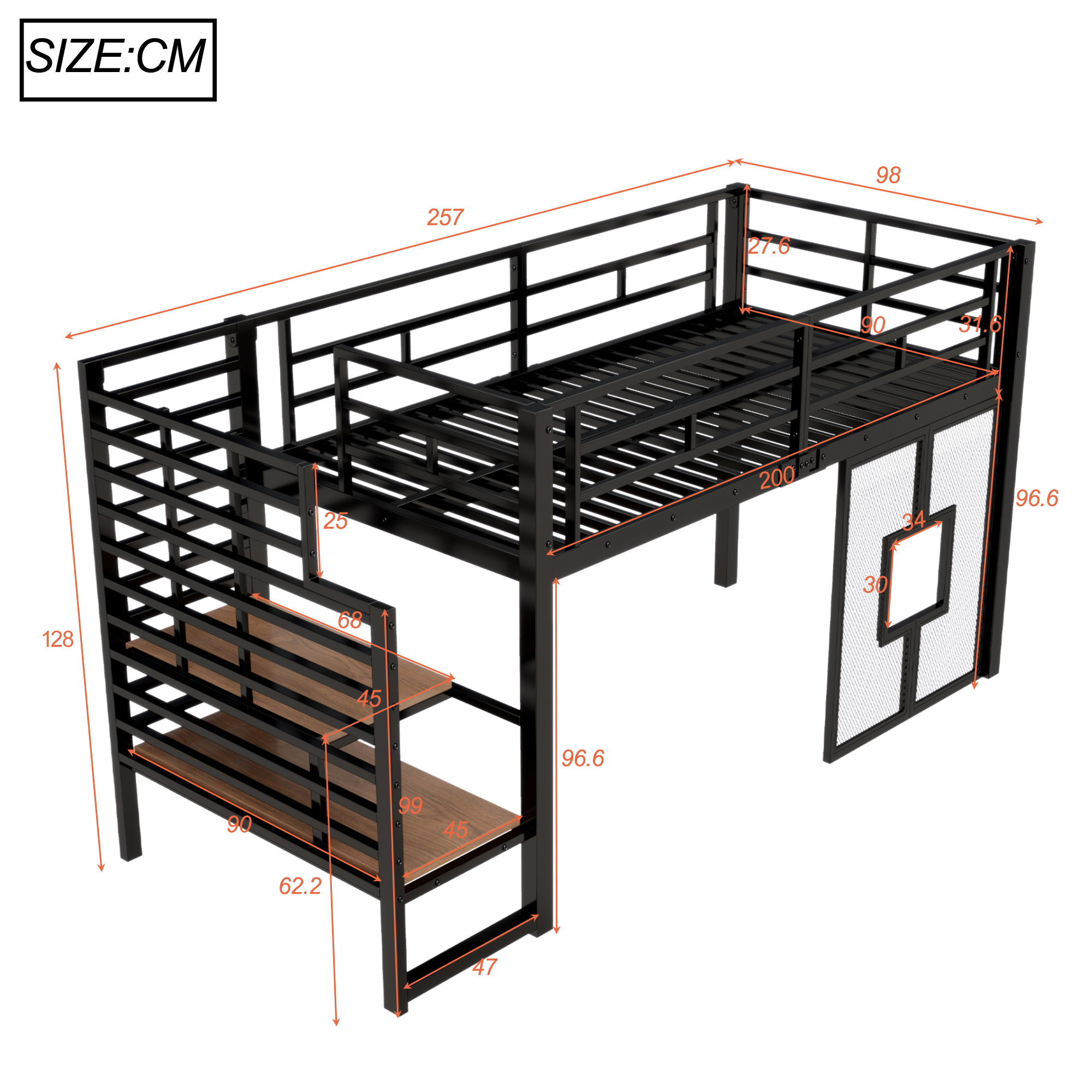 Hochbett 90x200 cm turva-aidat säilytystila LED-valaistus ikkunat musta metalli MDF