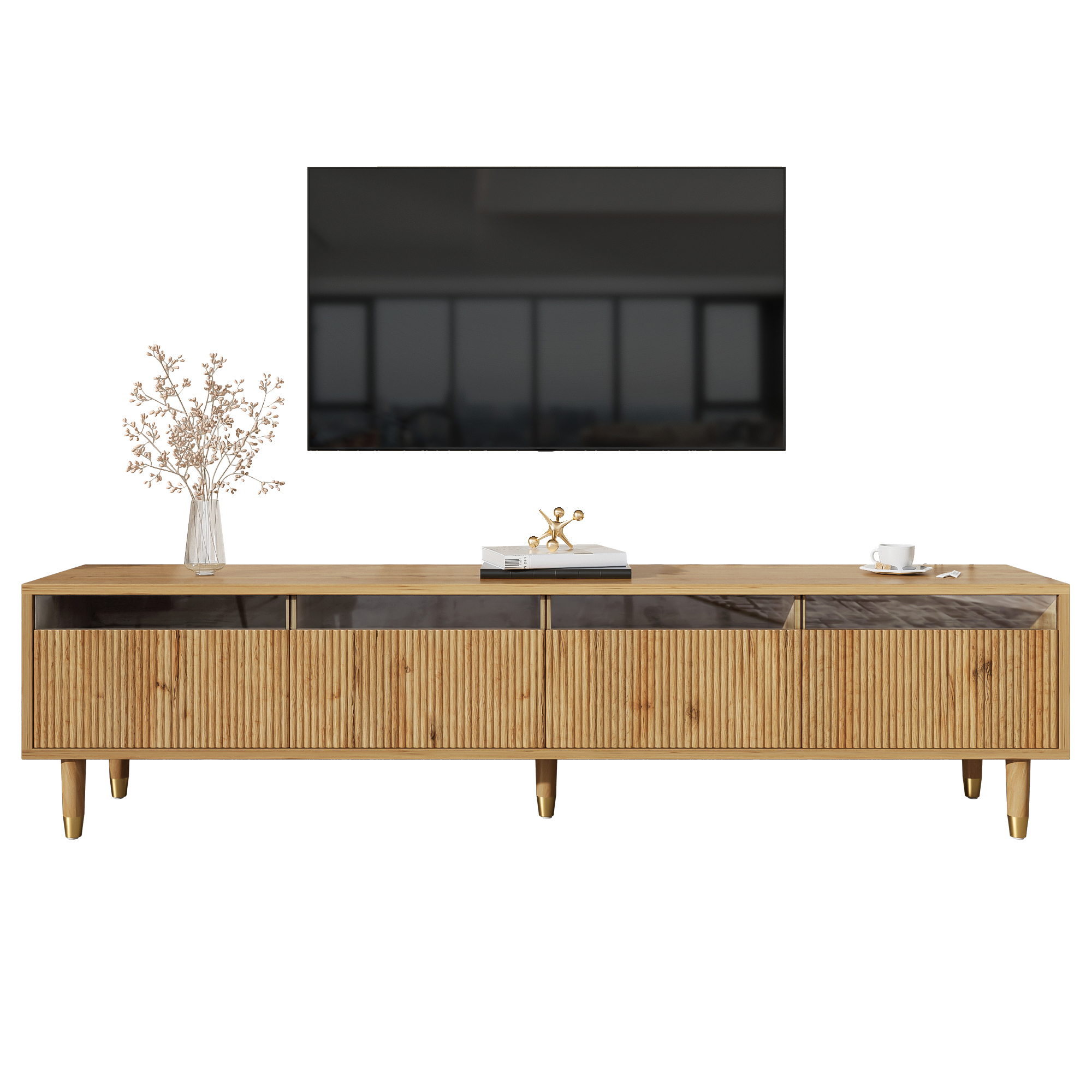 TV-taso 178x35x45 cm puun värinen MDF neljällä laatikolla säilytyksellä ja johtoaukoilla