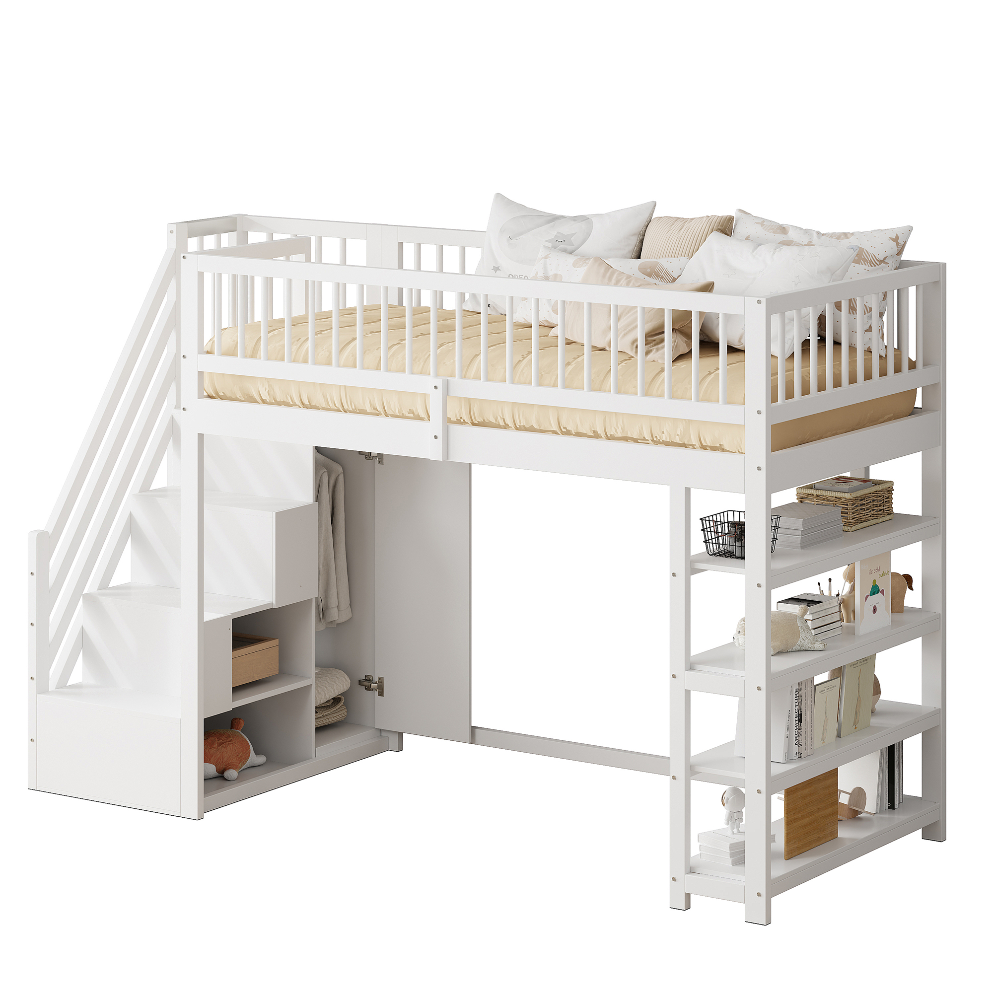 Parvisänky, 90x200cm, korkea kaide, vaatekaappi, hyllyt, säilytys, puu, valkoinen