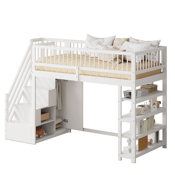 Parvisänky, 90x200cm, korkea kaide, vaatekaappi, hyllyt, säilytys, puu, valkoinen