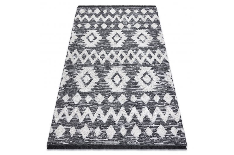 Matto MOROC Zigzag 22319 Ekologinen, EKO SIZAL tupsut - harmaa / kerma, kierrätetty puuvillamatto 117x170 cm