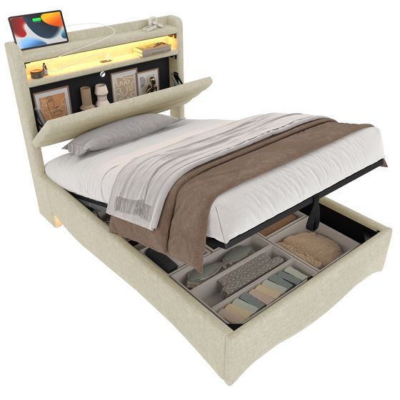 Verhoiltu sänky 90x200, yhden hengen, LED-valoilla, hydrauliikalla, USB- ja USB-C-valoilla, hyllyllä, säilytyslokeroilla, pellava, beige, ilman mattoa