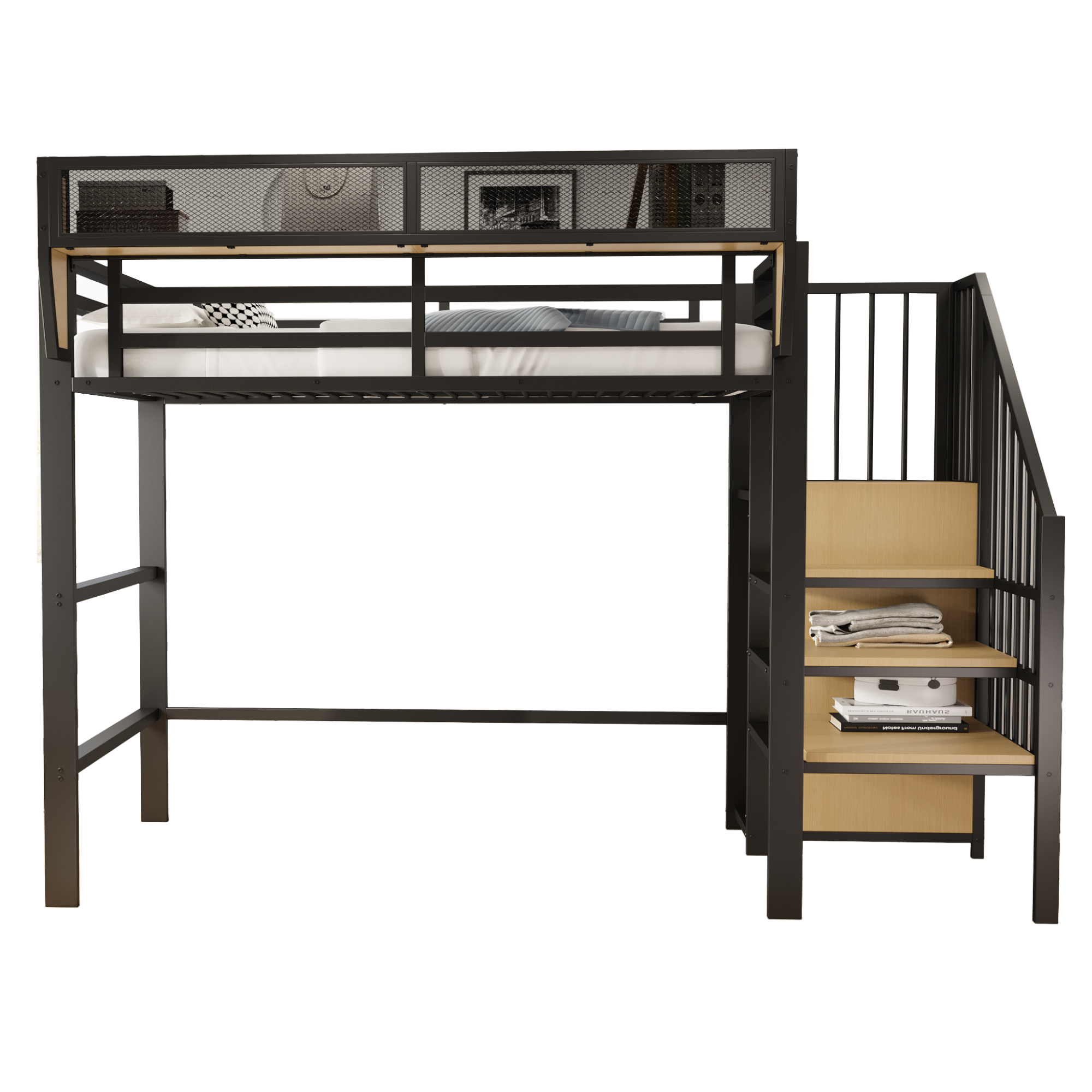 Metallinen ullakosänky, 90x200cm, turvatikkaat joustava säilytys, musta