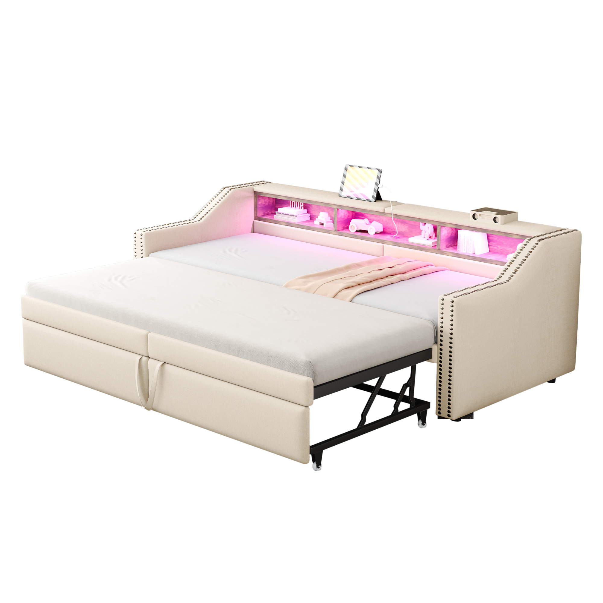 sänky 90x200 cm laajennettava säilytystila LED-valaistus ja USB-liitäntä beige kangas