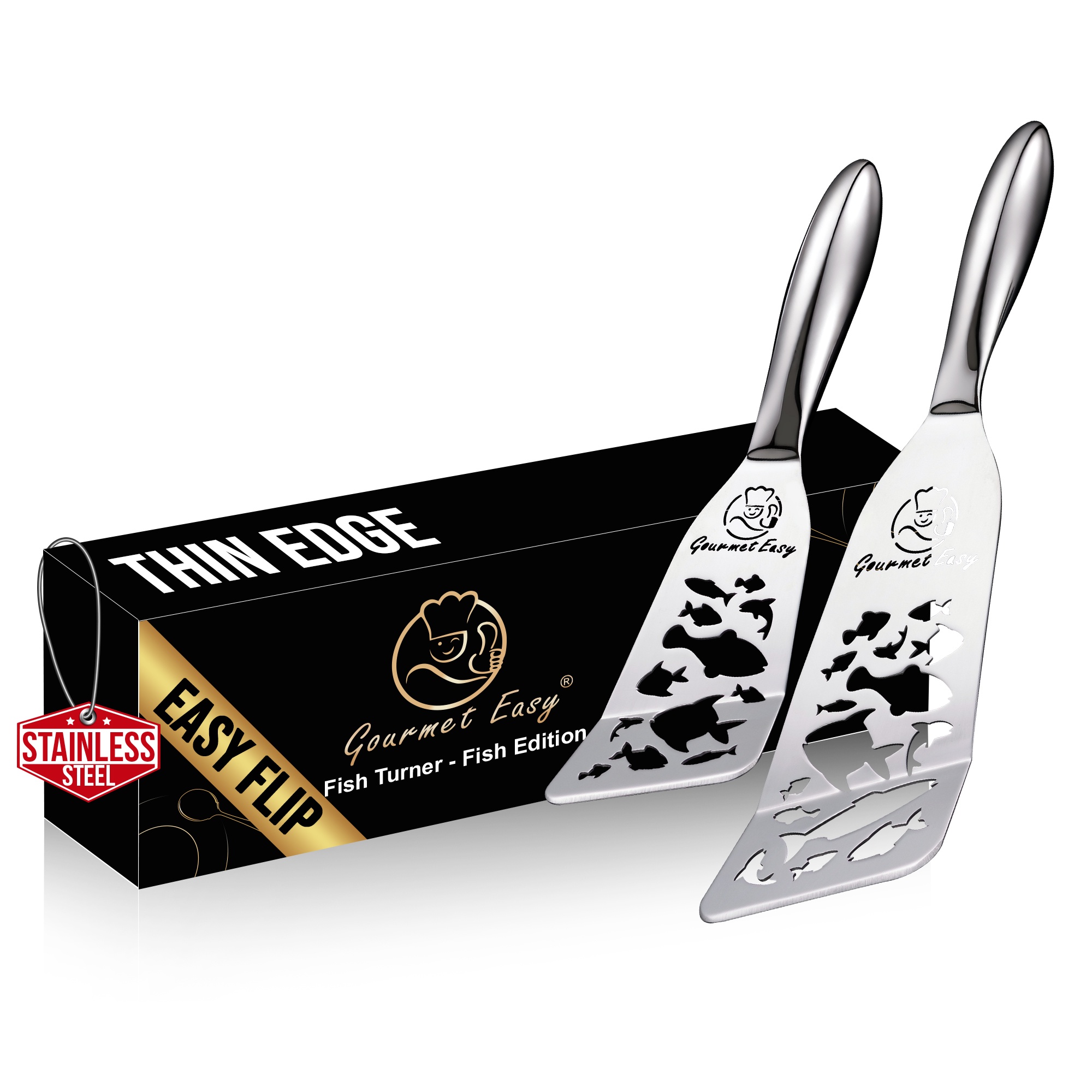 Gourmet Easy ruostumattomasta teräksestä valmistettu kalalastasetti – 1 iso + 1 pieni metallinen lasta (Funky Fish Editon)