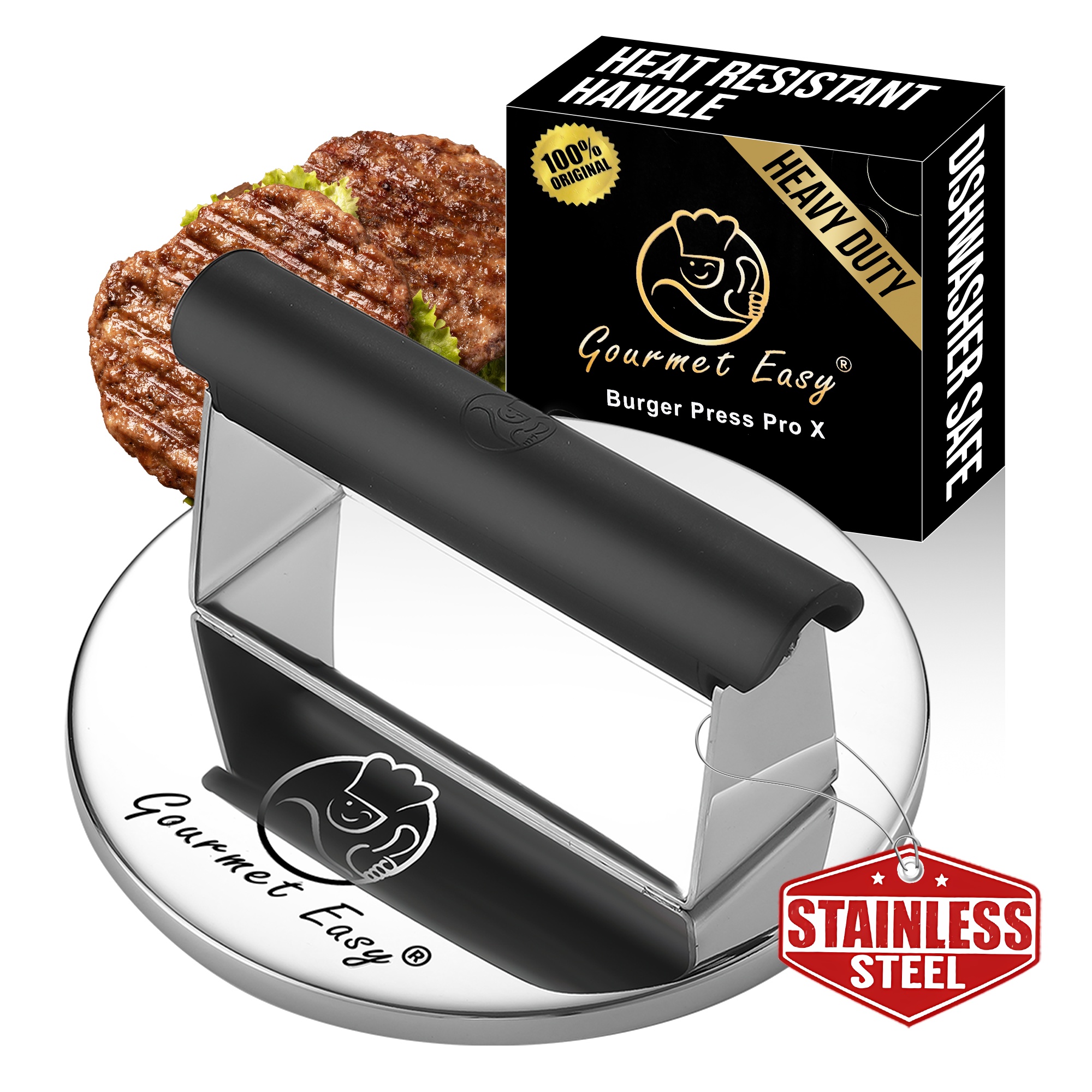 Gourmet Easy Smash Burger Press lämmönkestävällä kahvalla, 2 LBS ruostumattomasta teräksestä valmistettu hampurilaispuristin