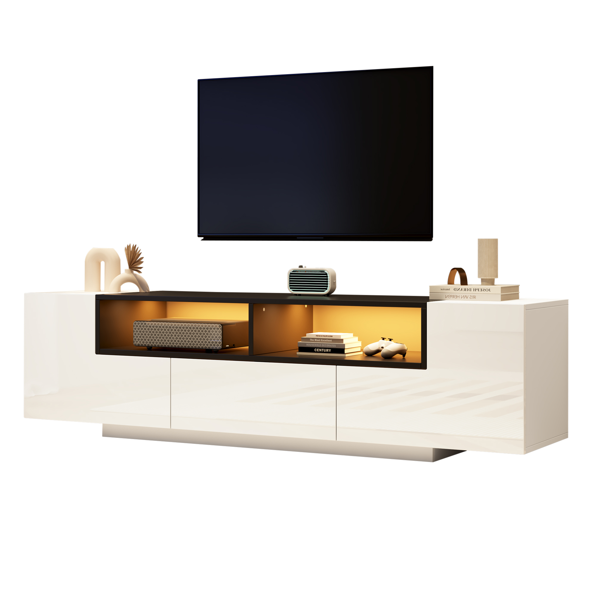 TV-taso 180x40x48 cm valkoinen lastulevy säilytyksellä ja LED-valaistuksella