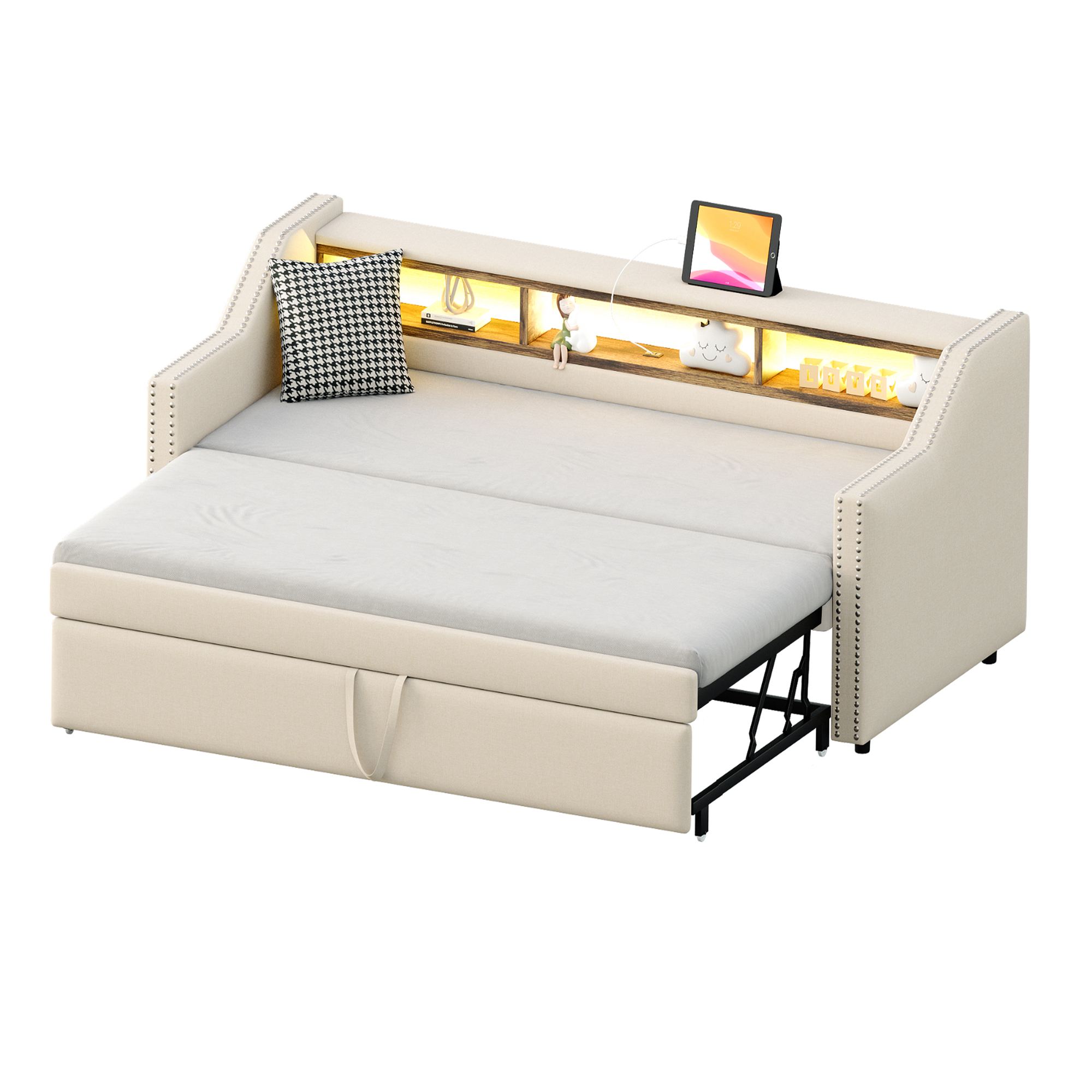 sänky 90x190 cm laajennettava säilytystila LED-valaistus ja USB-liitäntä beige kangas