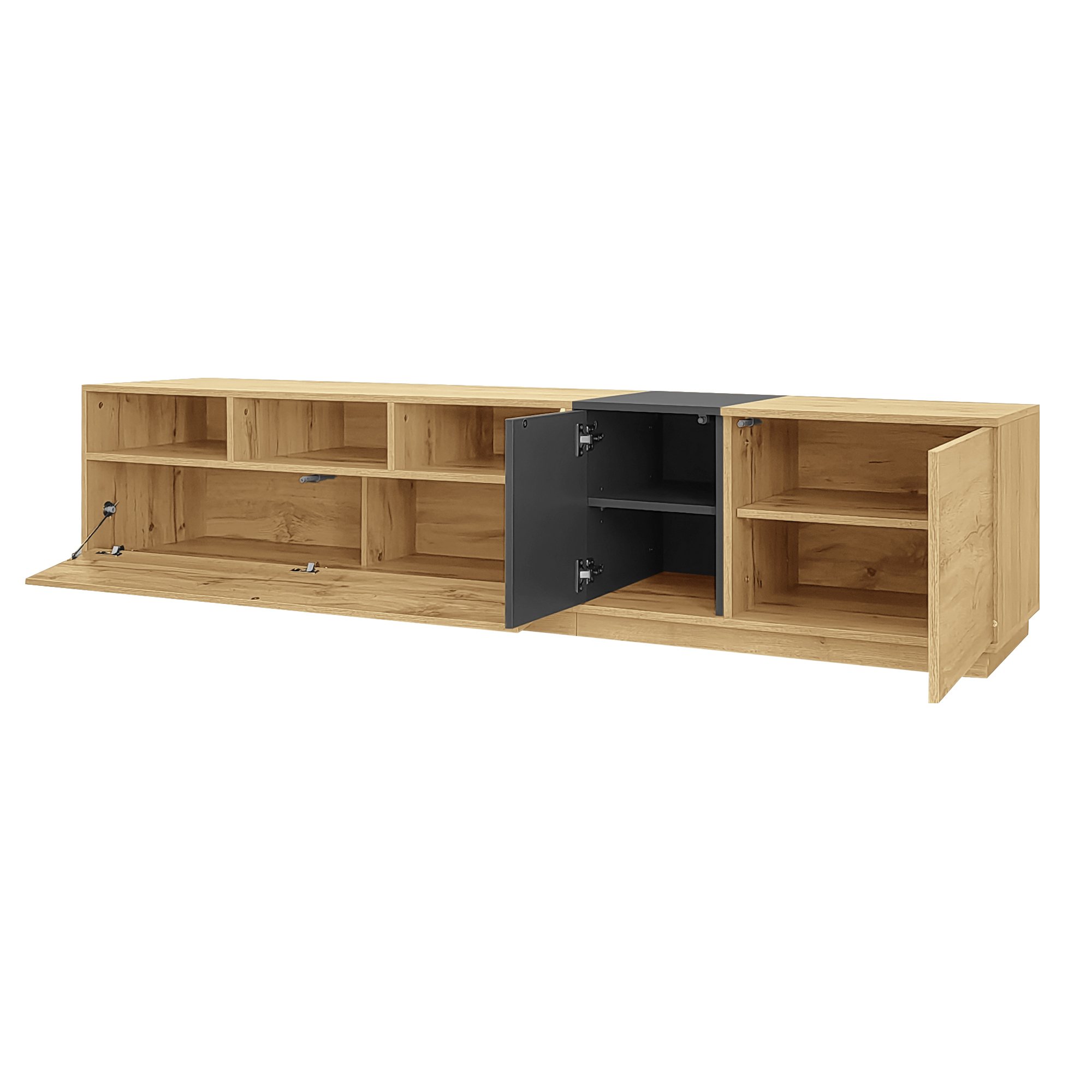 TV-taso 200x45x45 cm musta harmaa puu lastulevy säilytyksellä ja johtoaukoilla