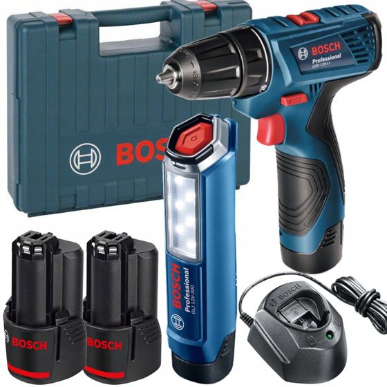 Bosch GSR 120-LI + GLI 12V-300 -Akkuporakonelajitelma 12V 2x 2,0 Ah
