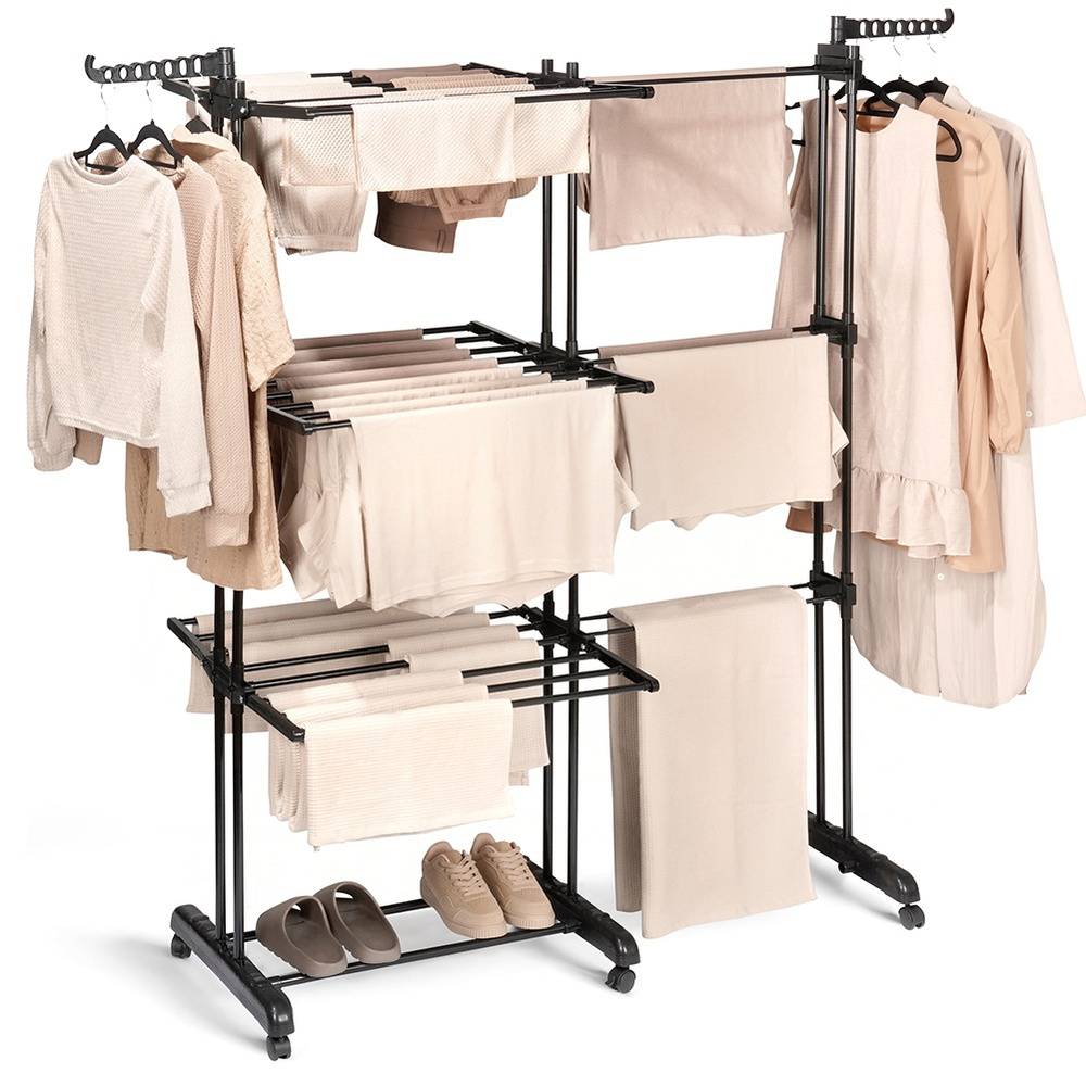 Metallinen musta pystysuora ulosvedettävä pyykkiteline XXL 78-130x64x172 cm