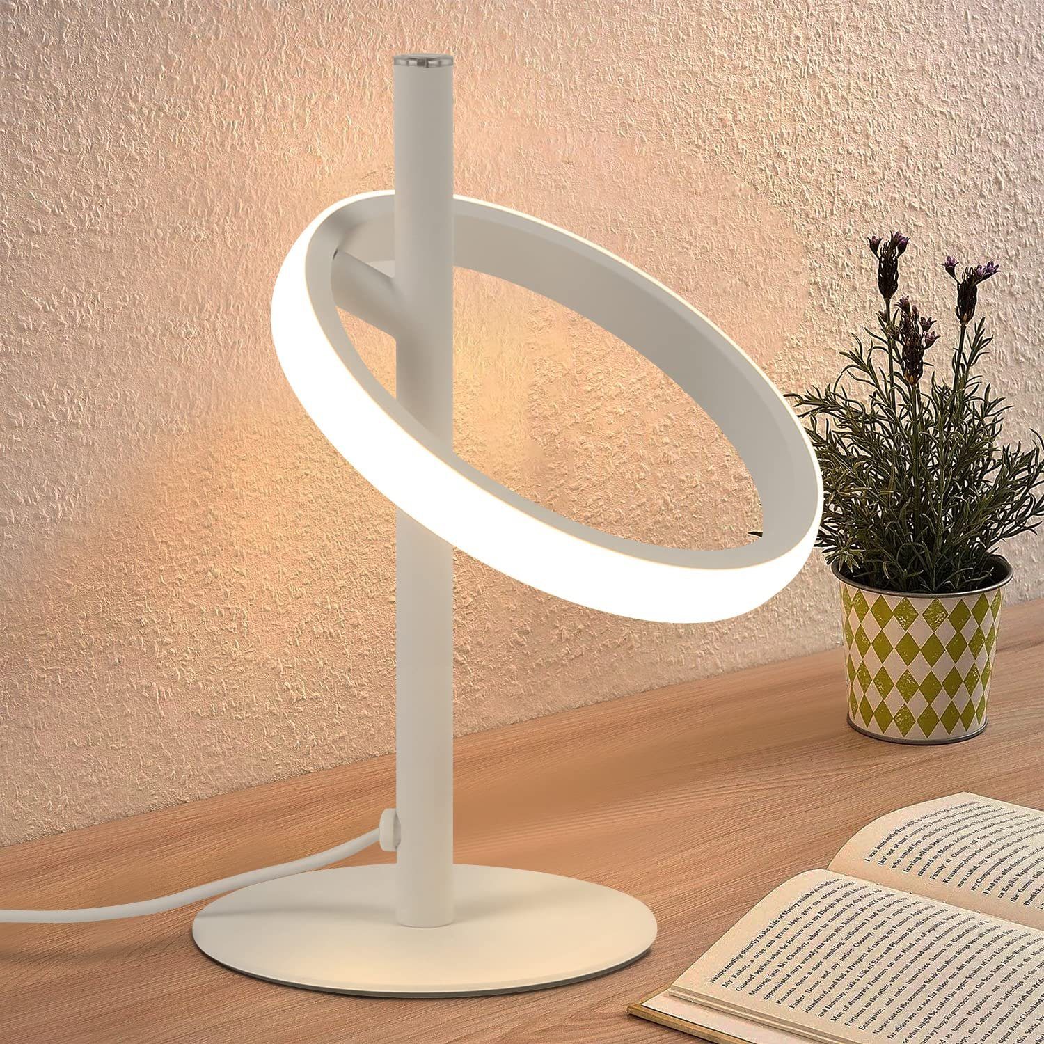 NETTLIFE moderni LED - pöytävalaisin - valkoinen, rengasmainen yöpöytävalaisin, pyörivä irrotettavat, renkaat 13W, 3000K lämmin Valkoinen