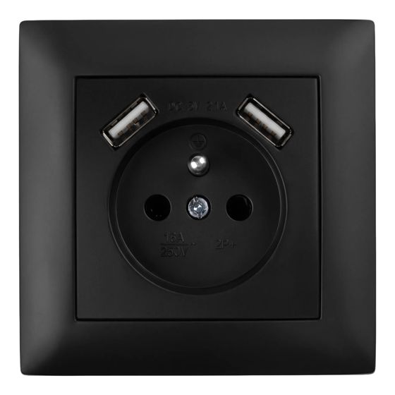 Toolight Yksiosainen maadoitettu pistorasia JNH003-G + kehys + 2x USB-A Musta 4, 8x7, 4x7, 4cm