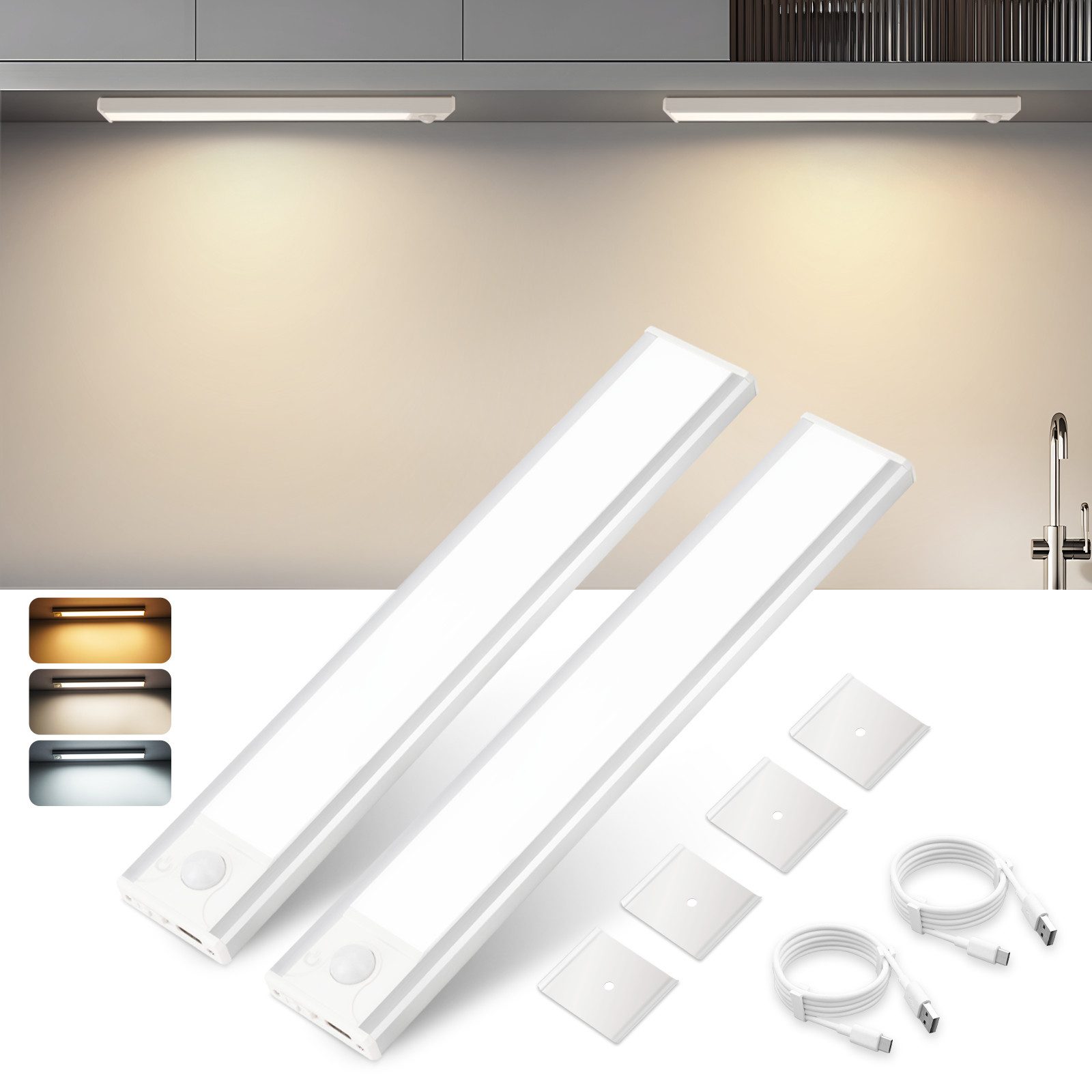 NETTLIFE 2 x LED-kaapinalusvalaisin liiketunnistimella, USB-ladattava, 1500 mAh, ihanteellinen vaatekaappiin, eteiseen tai komeroon
