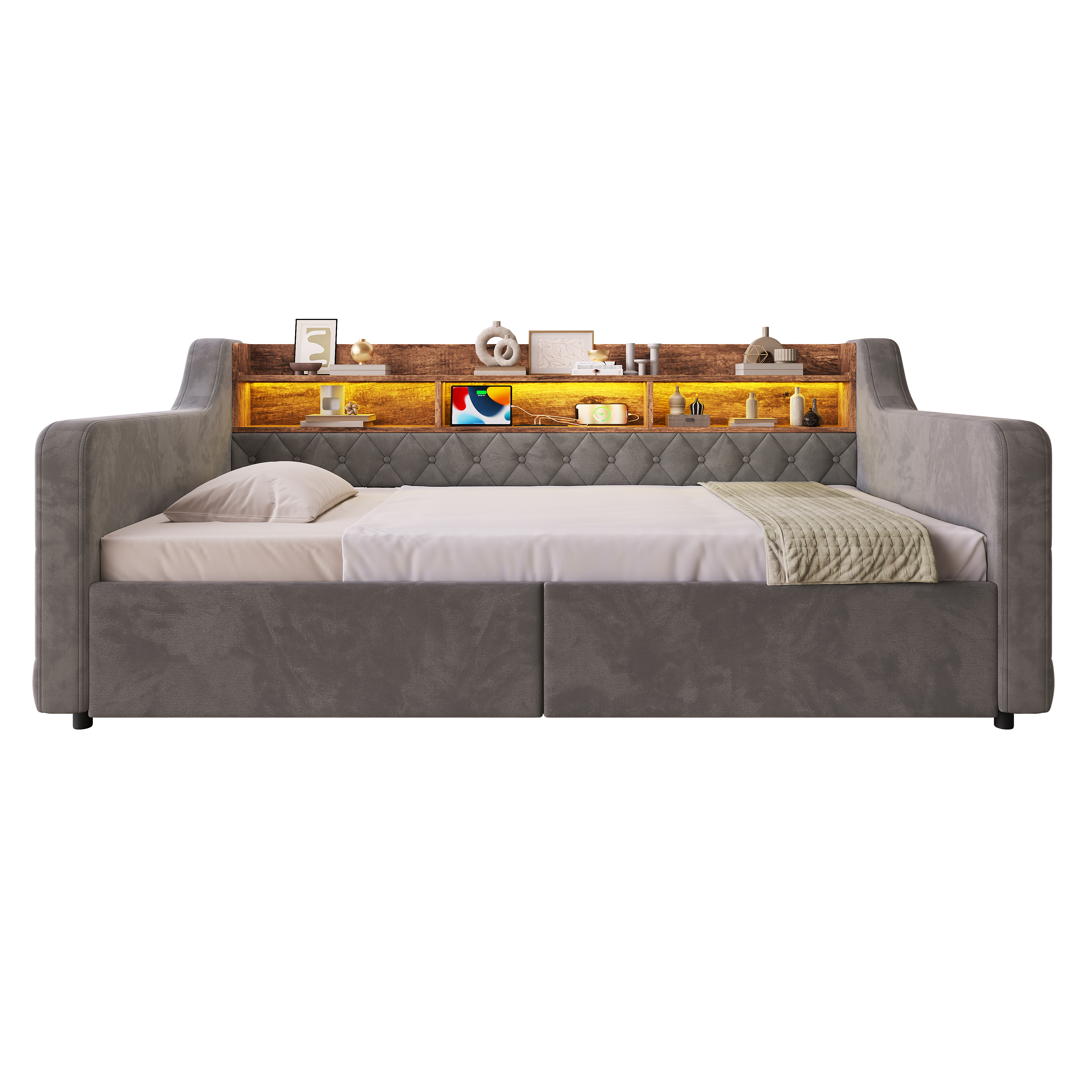 sänky 90x190 cm turva-aidat säilytystila LED-valaistus USB ja Type-C laatikot sametti tummaharmaa