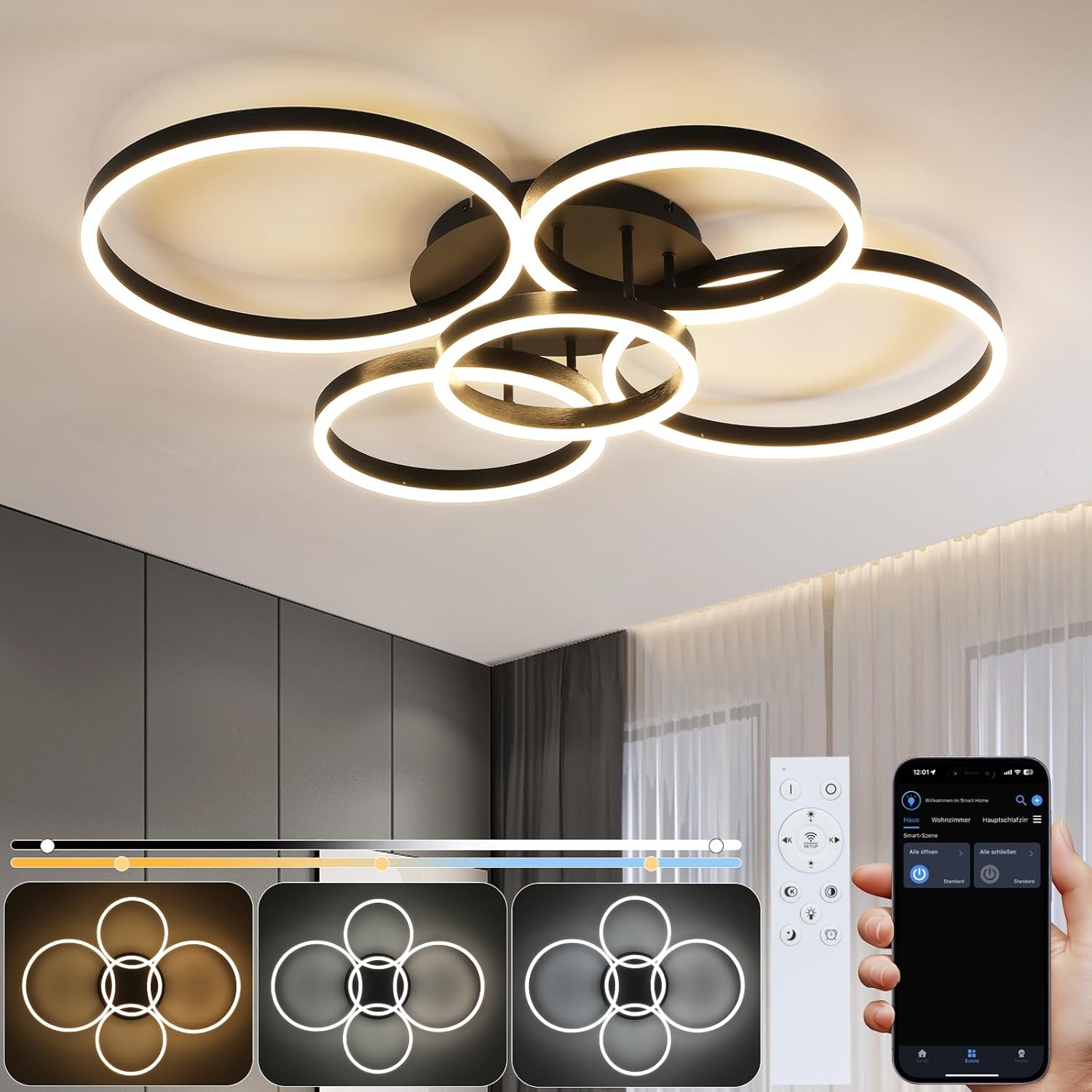 ZMH LED-kattovalaisin olohuoneeseen: 78 W kaukosäätimellä, 5 rengasta, makuuhuoneen lamppu