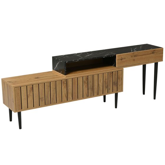 TV-taso 120x40x50 cm luonnonpuun värisenä MDF:stä säilytyksellä ja rautajalkoina
