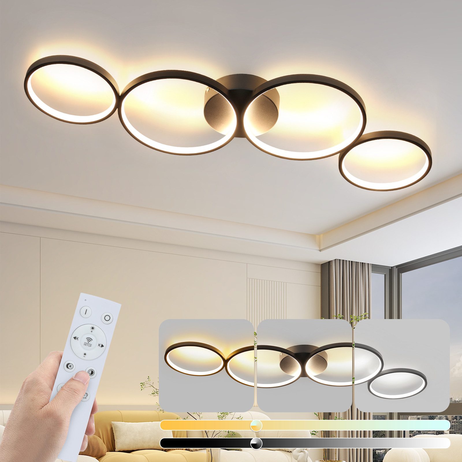 NETTLIFE himmennettävä LED-kattovalaisin 100 cm 4 rengasta moderni 56 W musta kattovalaisin kaukosäätimellä