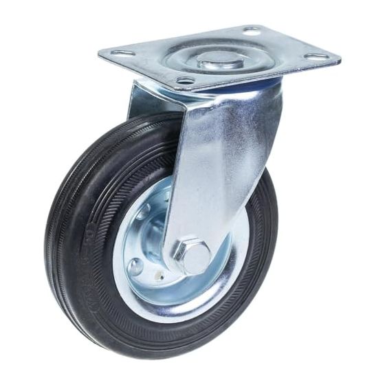 125 mm kääntyvä pyörä, jossa musta kumi puristetulla teräksellä vahvistetulla keskipyörällä