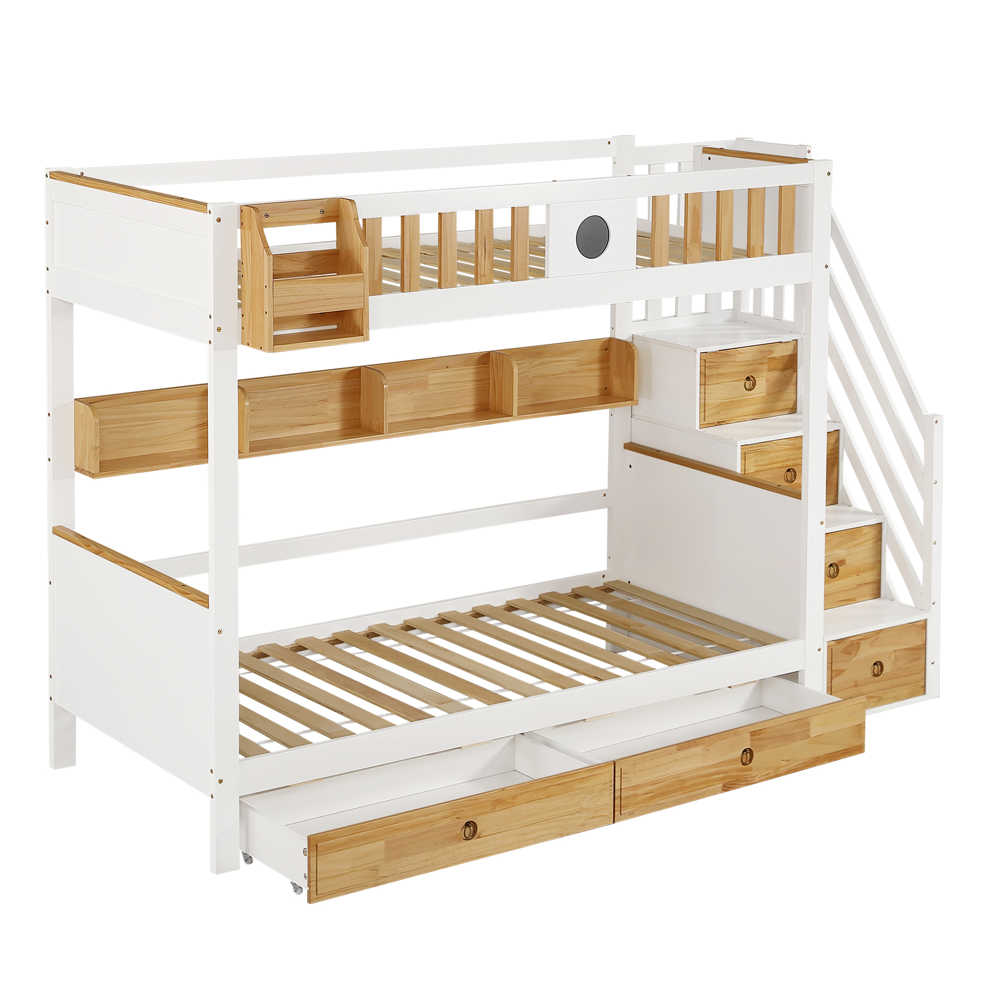 sänky 90x200 cm turva-aidat säilytystila laatikot puinen ja MDF valkoinen ja luonnonväri