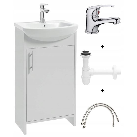 Valkoinen kaappisarja pesualtaalla, kromihanalla ja sifonilla 45 cm Frigo