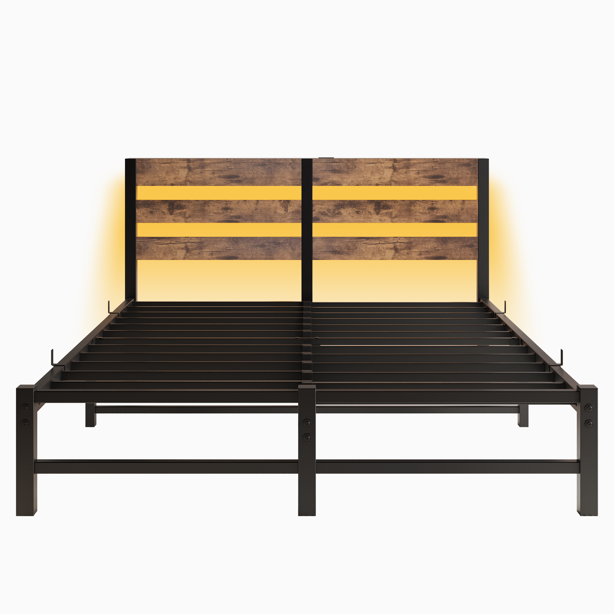 sänky 140x200 cm LED-valaistus ja USB-lataus, musta ja ruskea, metalli ja puu