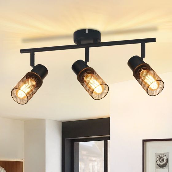 NETTLIFE Kattovalaisin, 3 pistettä, musta, vintage - tyylinen, E27, kääntyvä, 330°, metallinen varjostin max. 25 W, ilman polttimoa.