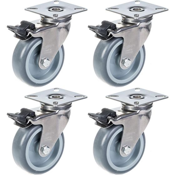 75mm 3" ruostumattomasta teräksestä valmistettu harmaa kumirosteri, pyörivä jarrullinen, 240kg, 4 kpl:n sarja.