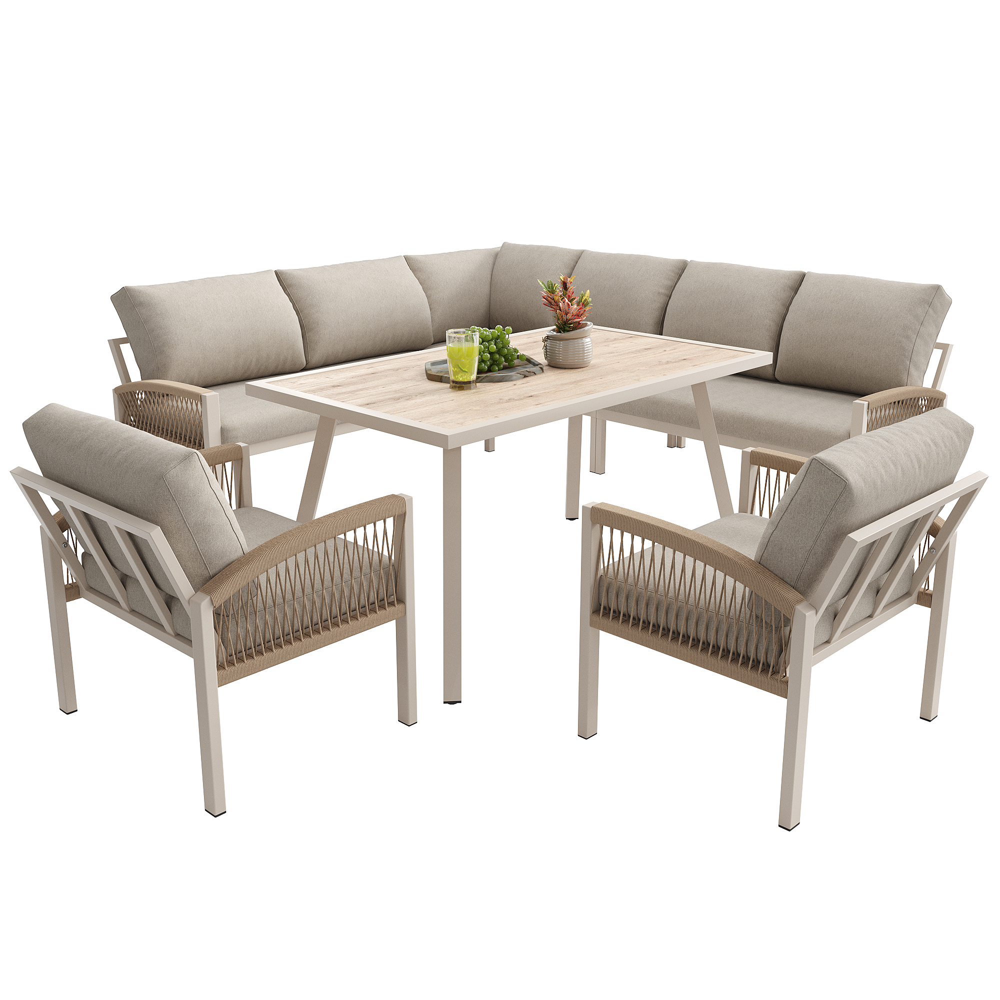 Oleskeluryhmä 8 henkilölle, beigeillä tyynyillä, säänkestävä