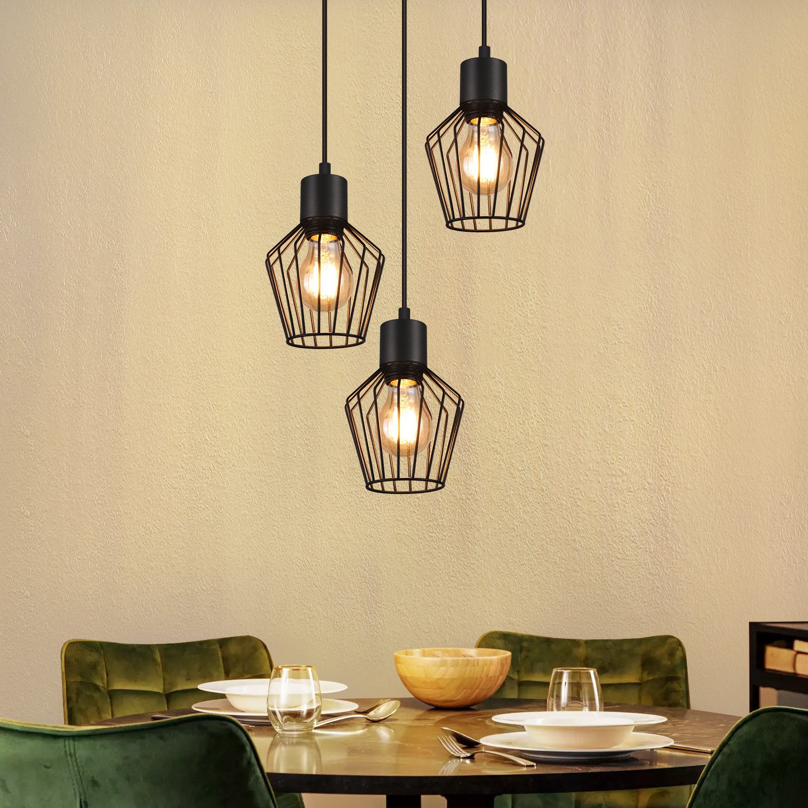 NETTLIFE Riippuvalaisin, 3-lamppuinen, pyöreä, musta, LED, E27, metalli, retro