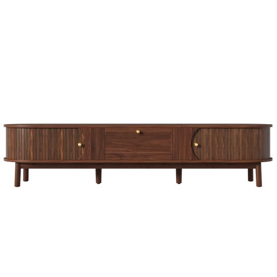 TV-taso 170x39,5x38 cm pähkinävärisenä MDF:stä säilytyksellä ja liukuovilla