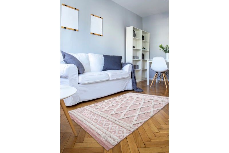 Matto MOROC Rooma 22297 Ekologinen, EKO SIZAL tupsut - vaaleanpunainen / kerma, kierrätetty puuvillamatto 78x150 cm