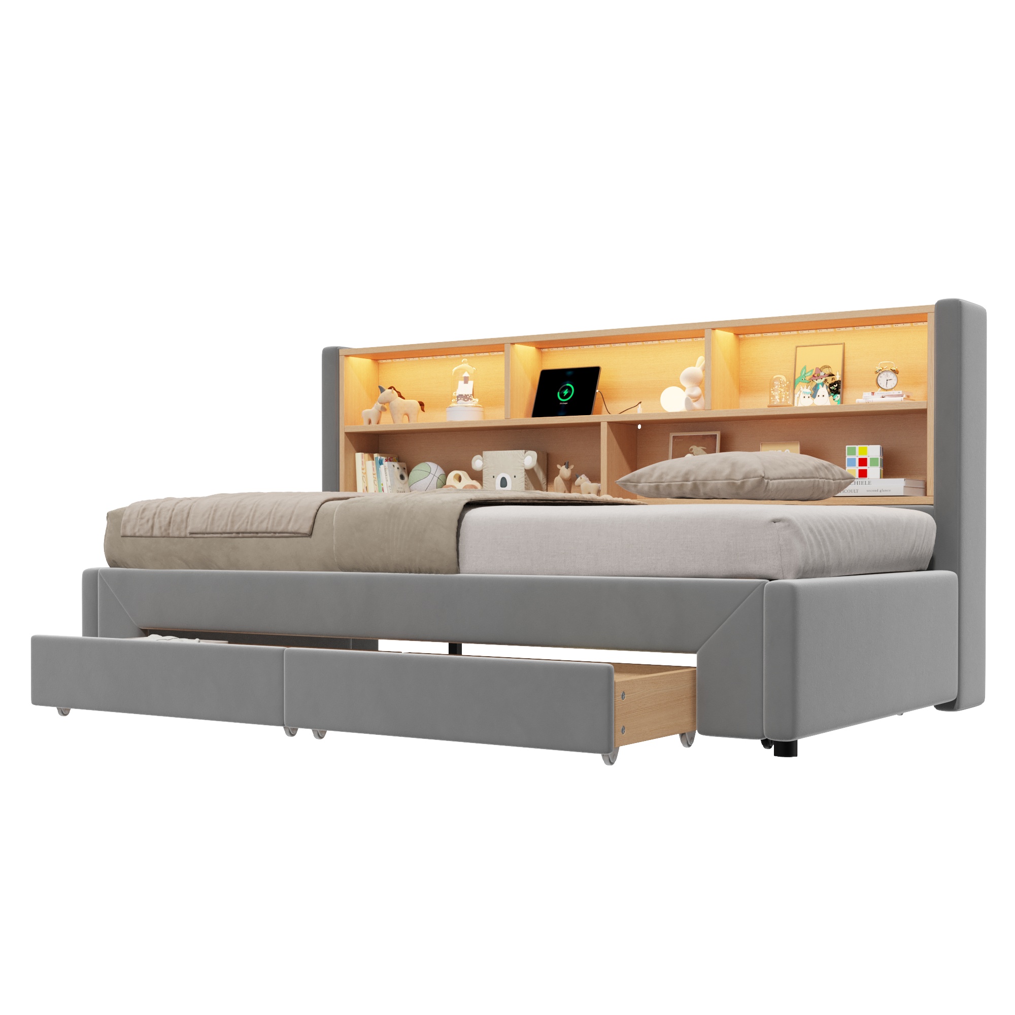 sänky 90x200 cm laajennettava 180 cm turva-aidat säilytystila USB-liitäntä LED-valaistus harmaa sametti