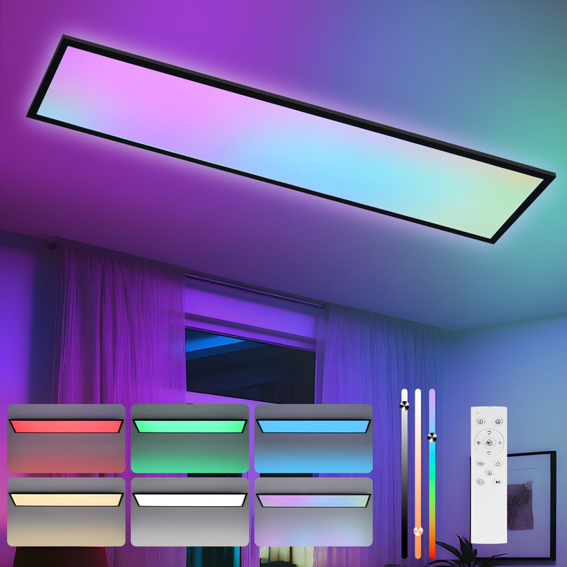 NETTLIFE LED-paneeli 120 x 30 cm, himmennettävä, pitkä RGB-väriä vaihtava kattopaneeli kaukosäätimellä 39W, musta